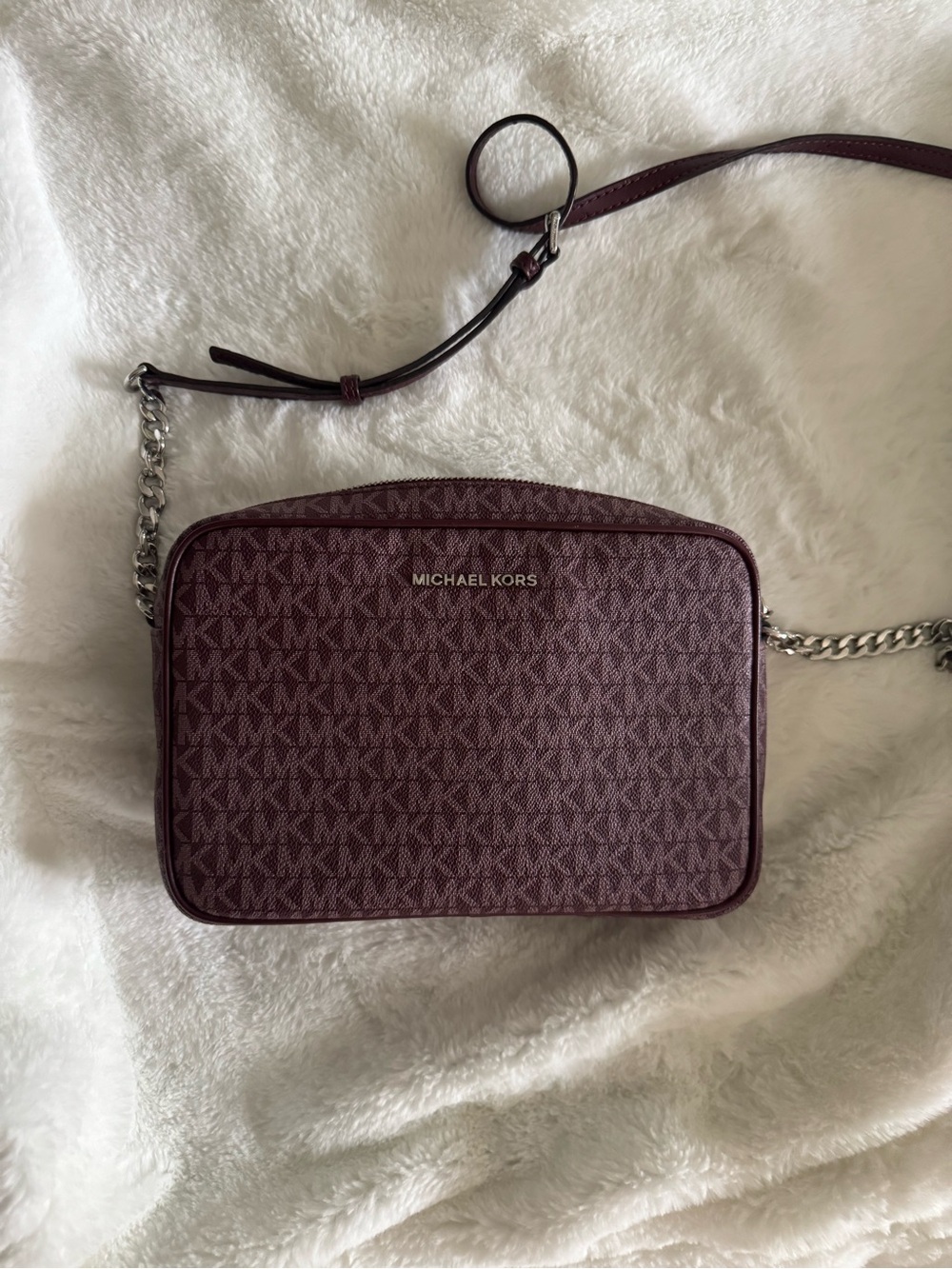 Michael Kors Plum Signature Monogram Crossbody with Silver Chain
